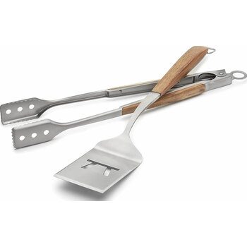 Outset 2-Piece BBQ Tool Set - Acacia Wood Grill Spatula & Stainless Steel Locking Tongs